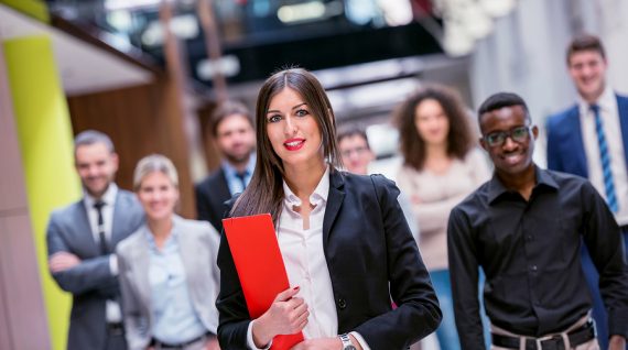 young multiethnic business people group walking standing and top view